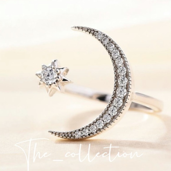 CRESCENT MOON STAR ADJUSTABLE OPEN RING IN SILVER - Picture 3 of 4